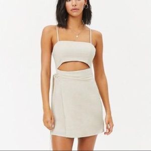 Beige linen wrap cutout mini dress